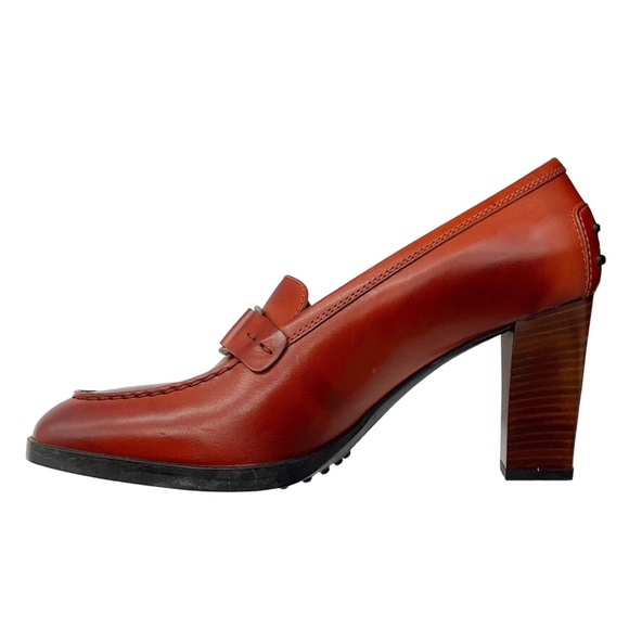TOD'S BROWN LEATHER HEELED LOAFER PUMPS - Picture 3 of 9